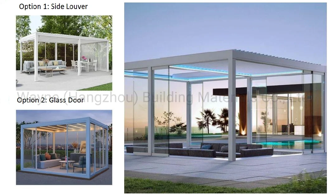 Outdoor LED Motorized Manual Metal Waterproof Aluminium Canopy Gazebo Awning Carport Garden Louver Roof Aluminum Pergola with Windproof Screen Glass Window Door